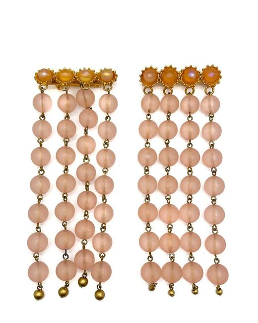 JENNIFER GIBSON JEWELLERY Metallic Vintage Pair Of Long Pink Satin Bead Tassel Brooches 1960s