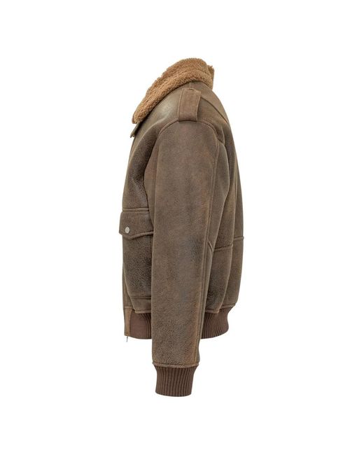 DFOUR® Brown Shearling-Collar Epaulette Jacket for men