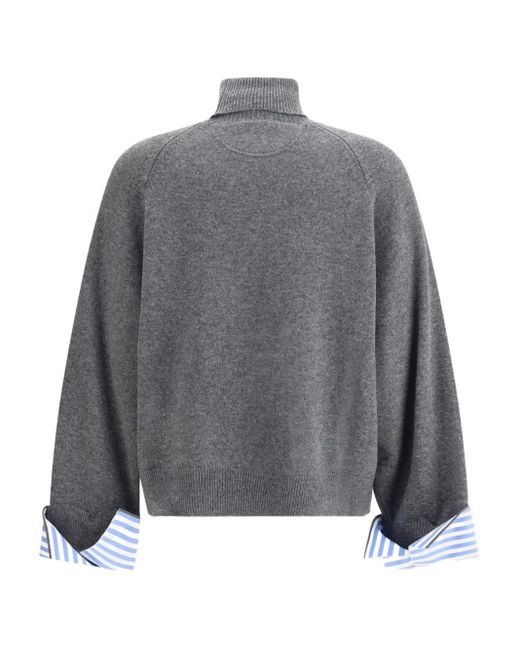 Brunello Cucinelli Gray Striped-Cuff Roll-Neck Sweater