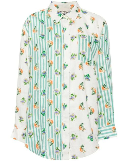 ALÉMAIS Green Floral-Print Striped Linen Shirt