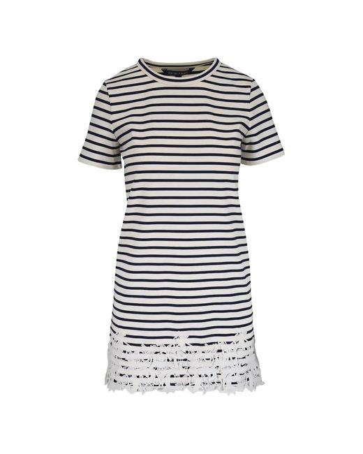 Veronica Beard White Striped-Pattern Lace-Detail Mini Dress