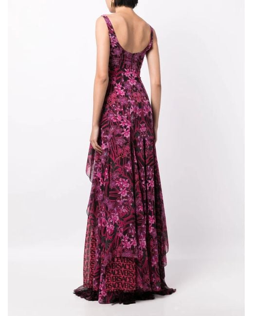 Versace Purple Orchid Barocco-Print Ruffled Silk Dress