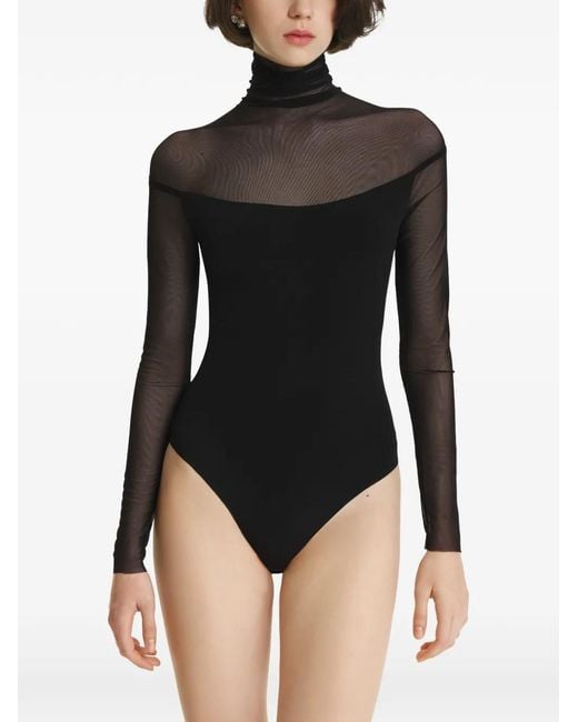 2310 STUDIO Black Mesh-Panel Long-Sleeve Bodysuit
