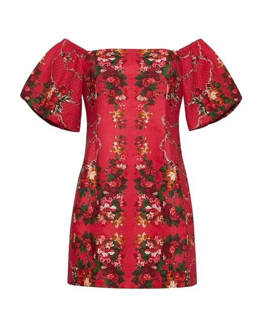 Cara Cara Red Puff-Sleeve Floral-Print Mini Dress