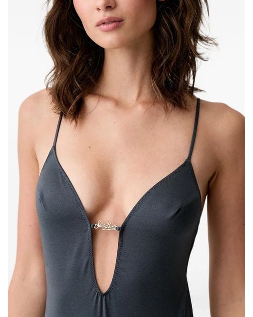 Mc2 Saint Barth Blue Logo-Plaque Scoop-Back Swimsuit