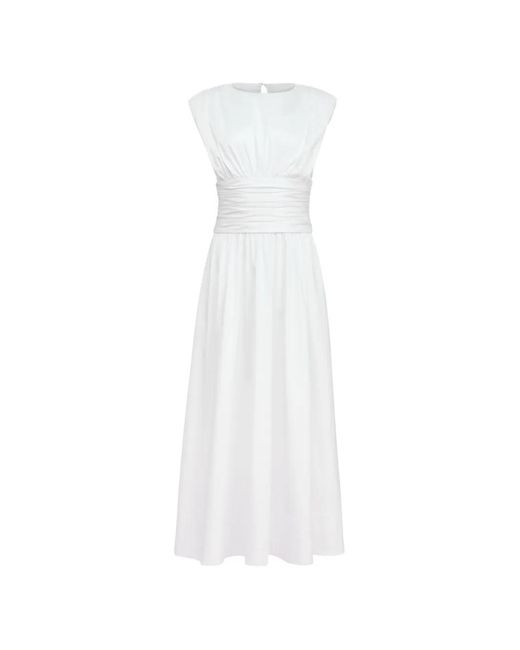 Toccin White Evangeline Strong-Shoulder Ruched Midi Cotton Dress