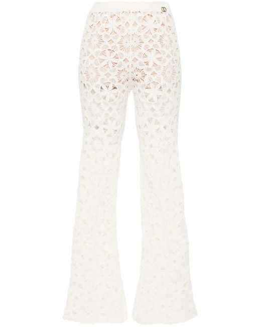 Twinset White Floral-crochet Flared Trousers