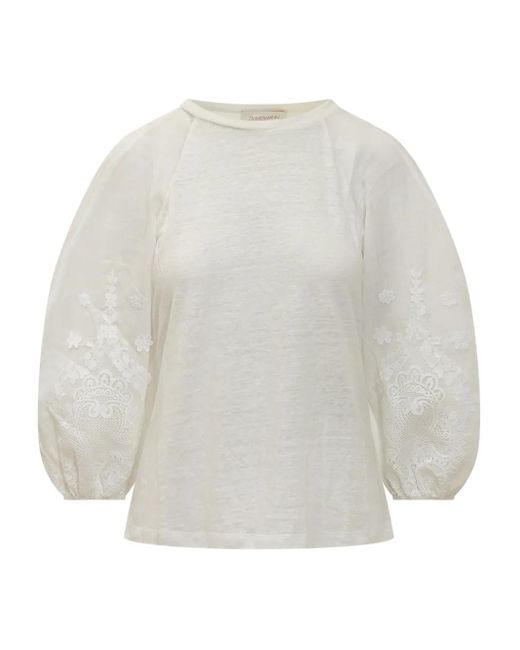 Zimmermann White Spitzen-T-Shirt mit Laternenärmeln