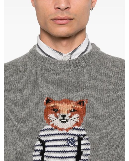Maison Kitsuné Gray Dressed Fox Intarsia Jumper for men