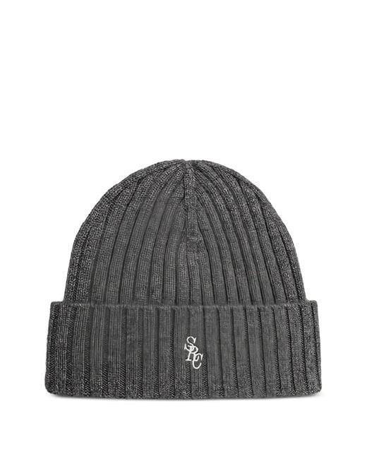Sporty & Rich Gray Ribbed Logo-Embroidered Beanie Hay
