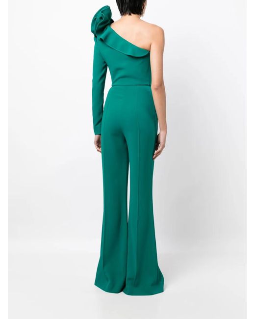 Elie Saab Green One-Shoulder Ruffled Jumpsuit