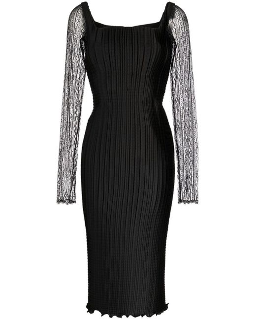 Saiid Kobeisy Black Lace-sleeved Plissé Midi Dress