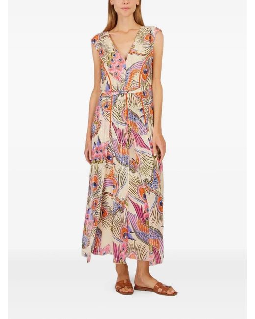 Rene' Derhy White Feather-Print Midi Dress
