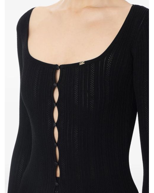 Elisabetta Franchi Black Ribbed-Knit Button-Front Midi Day Dress