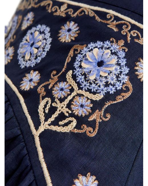 Agua Bendita Blue Curua Mosaico Embroidered Asymmetric Midi Skirt