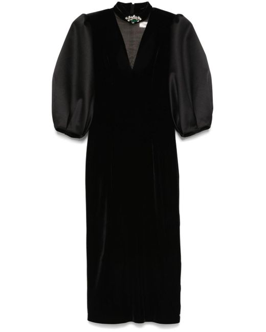 Nissa Black Velvet Puff-Sleeve Midi Dress