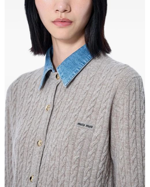 Miu Miu Gray Cable-Knit Layered-Collar Cardigan