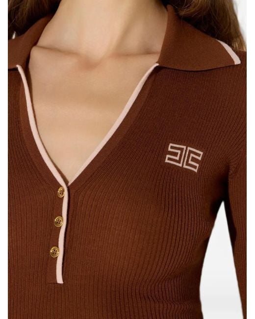 Elisabetta Franchi Brown Ribbed-Knit Polo Shirt