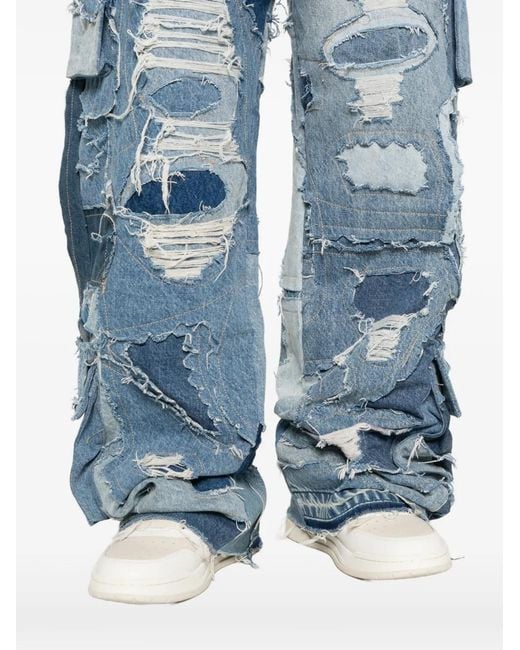 Who Decides War Blue Ripped Patchwork Cargo Jeans for men