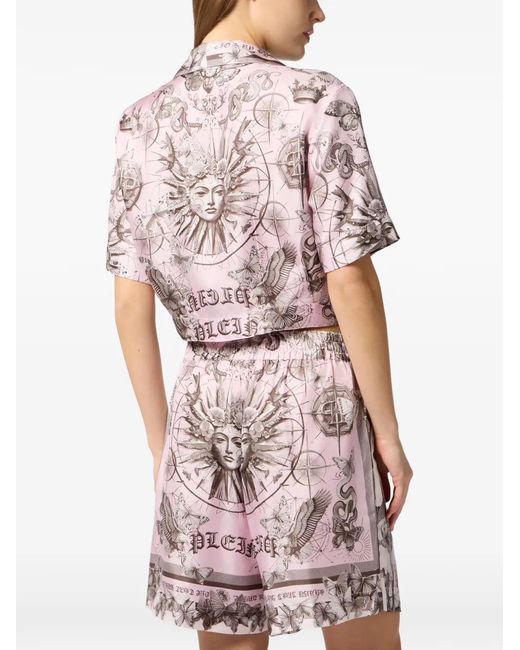 Philipp Plein White Cropped Butterfly-Print Shirt