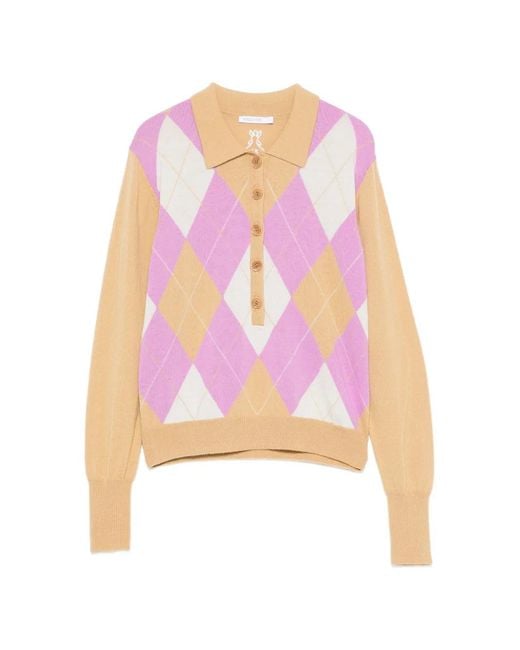 Patrizia Pepe Pink Argyle-Pattern Wool Polo-Shirt