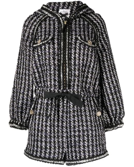 Edward Achour Paris Black Tweed Hooded Short Jumpsuit
