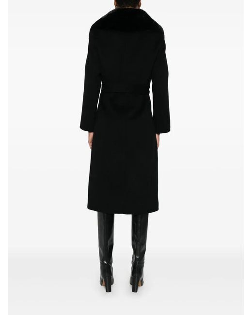 Maje Black Faux-Fur-Collar Belted Coat