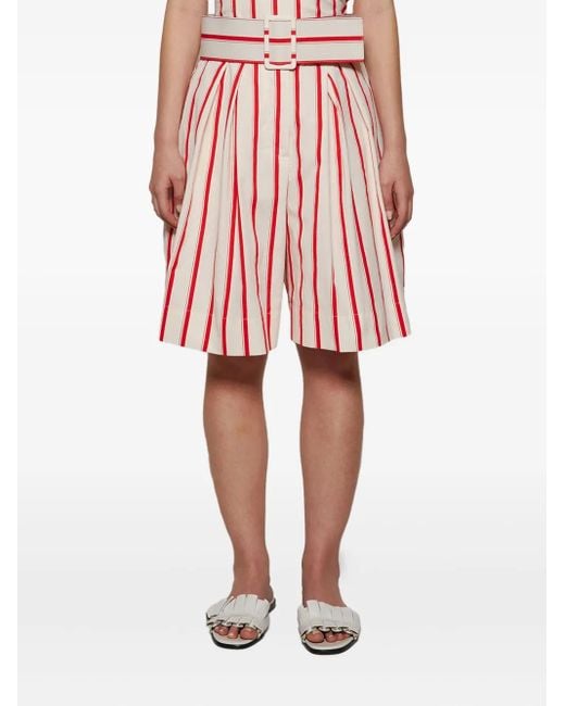 Rosie Assoulin Red Belted Striped Shorts
