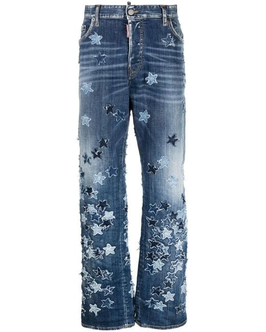 DSquared² Blue Star-Motif Patchwork Jeans for men