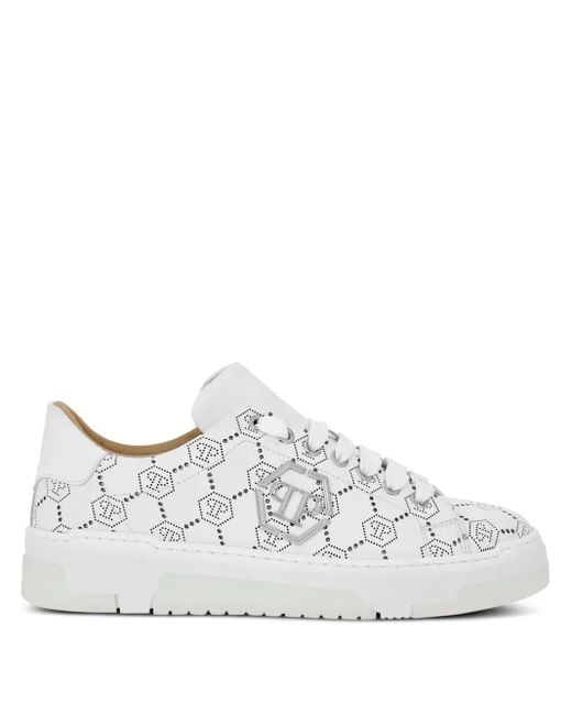 Philipp Plein White Monogram-Pattern Leather Sneakers