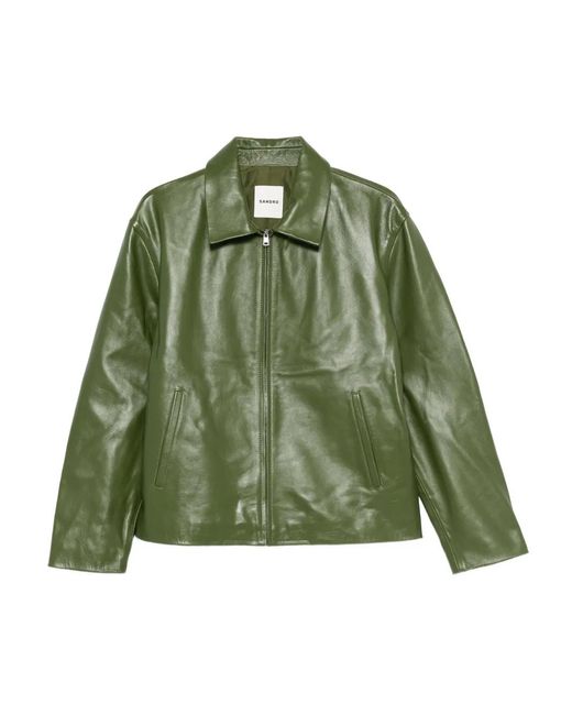 Sandro Green Zip-Front Leather Jacket for men