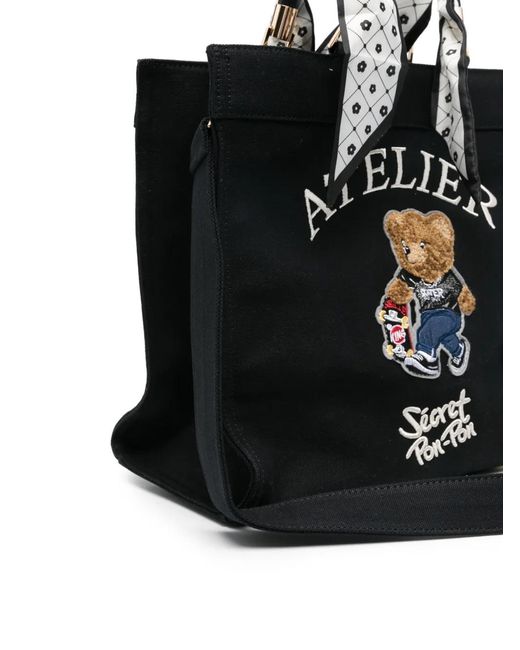 Secret Pon-pon Black Medium Saint Tropez Teddy-Bear Tote Bag