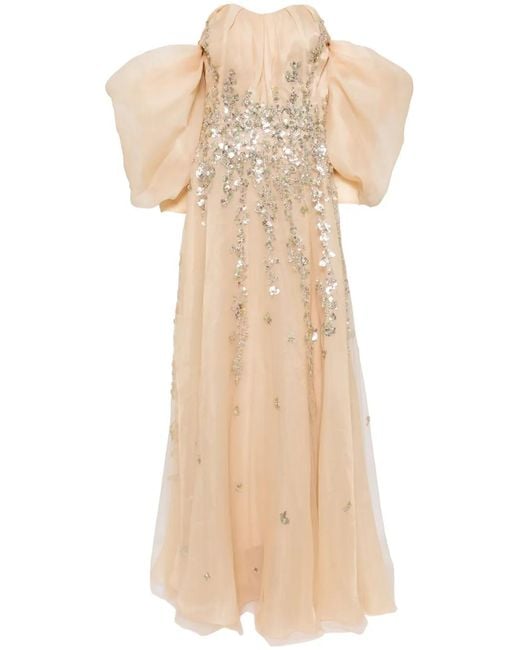 Saiid Kobeisy Natural Off-Shoulder Beaded Dress