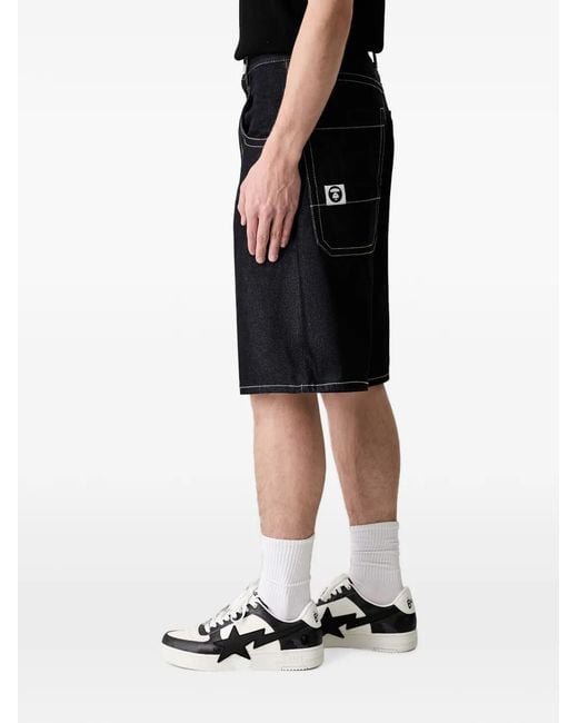 Aape By A Bathing Ape Black Logo-Patch Denim Shorts for men