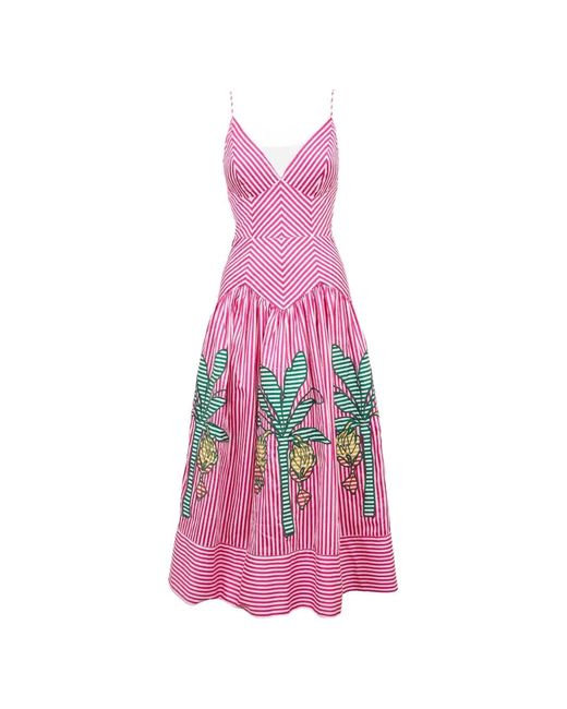 Farm Rio Pink Palm Tree-Embroidered Striped Midi Dress