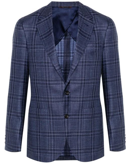 Canali Blue Plaid-check Single-breasted Blazer for men