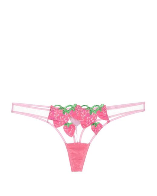 Fleur du Mal Pink Semi-transparenter Tanga mit Erdbeermotiv