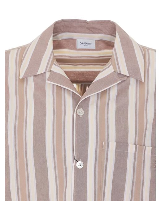 Saint Laurent Pink Cassandre Striped Short-Sleeve Shirt for men
