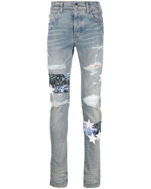 Amiri Blue Hawaiian Star Art Patch Skinny Jeans for men