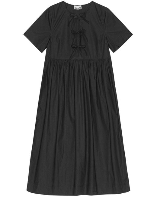 Cotton Poplin Long Tie String Dress Ganni en coloris Black