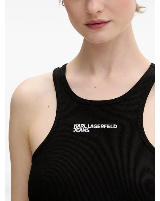 Karl Lagerfeld Black Ribbed-Knit Logo-Embroidered Mini Dress