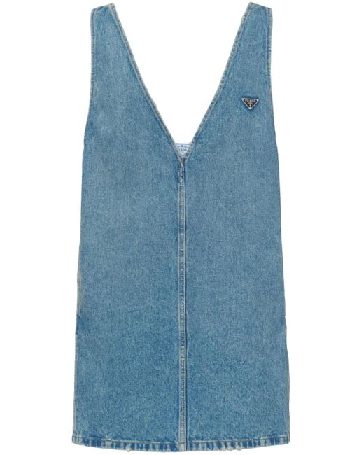 Prada Blue V-Neck Low-Back Denim-Chambray Mini Dress