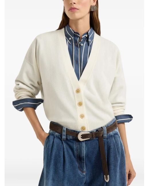 Brunello Cucinelli White Button-Front Cashmere Cardigan