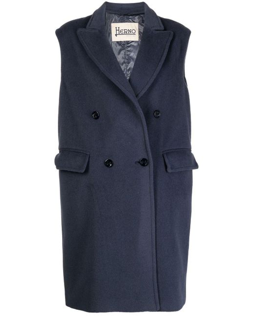 Herno Blue Velour-effect Double-breasted Coat