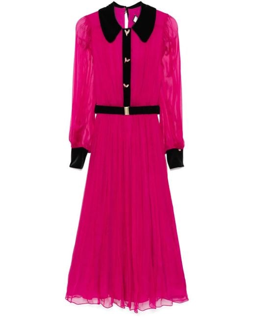 Nissa Pink Belted Silk Midi Dress