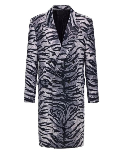 Roberto Cavalli Blue Tiger-Print Double-Breasted Coat for men