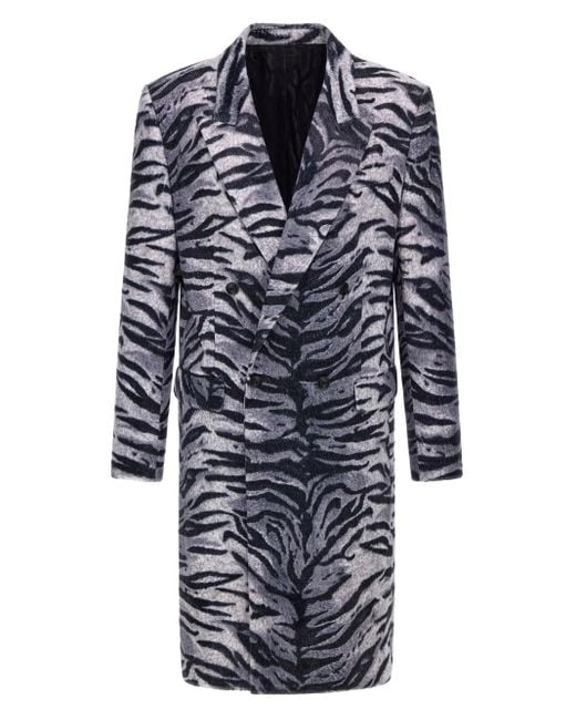 Roberto Cavalli Blue Tiger-Print Double-Breasted Coat for men