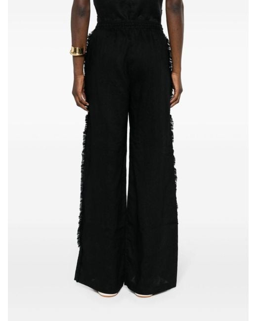 P.A.R.O.S.H. Black Fringed Linen Straight-Leg Trousers