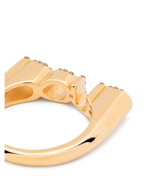 Gucci Metallic Logo-script Crystal-embellished Antique Gold-toned Metal Ring