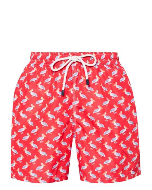 Fedeli Red Pelican-print Drawstring Swim Shorts for men